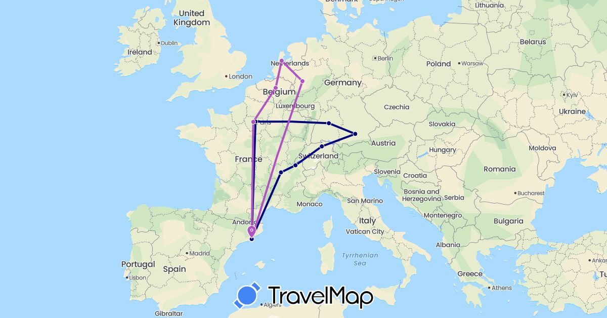 TravelMap itinerary: driving, train in Belgium, Switzerland, Germany, Spain, France, Netherlands (Europe)
